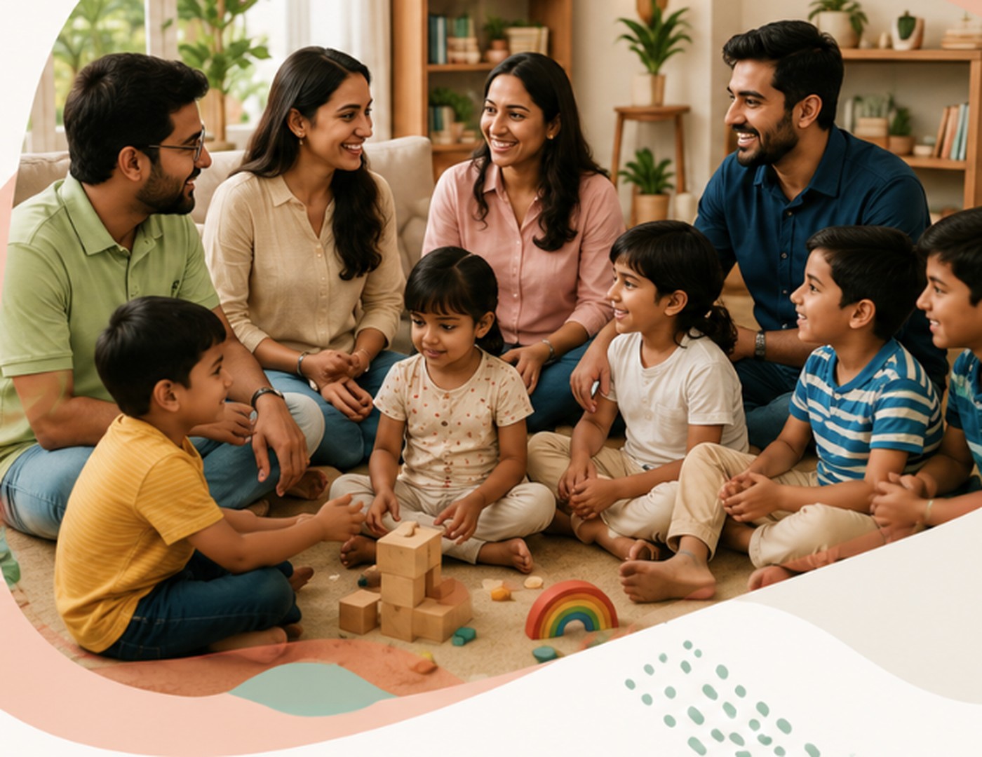 A happy multi-generational Indian family sitting together — parents and children playing with wooden blocks